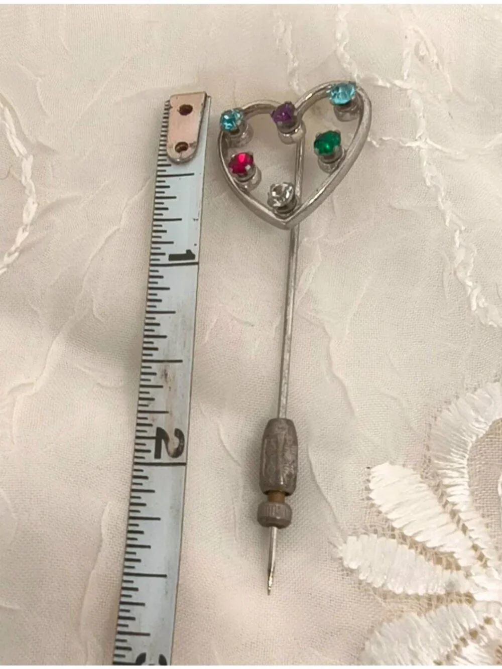 Vintage Anson Sterling Silver Heart Stick Pin With Multicolored Rhinestones